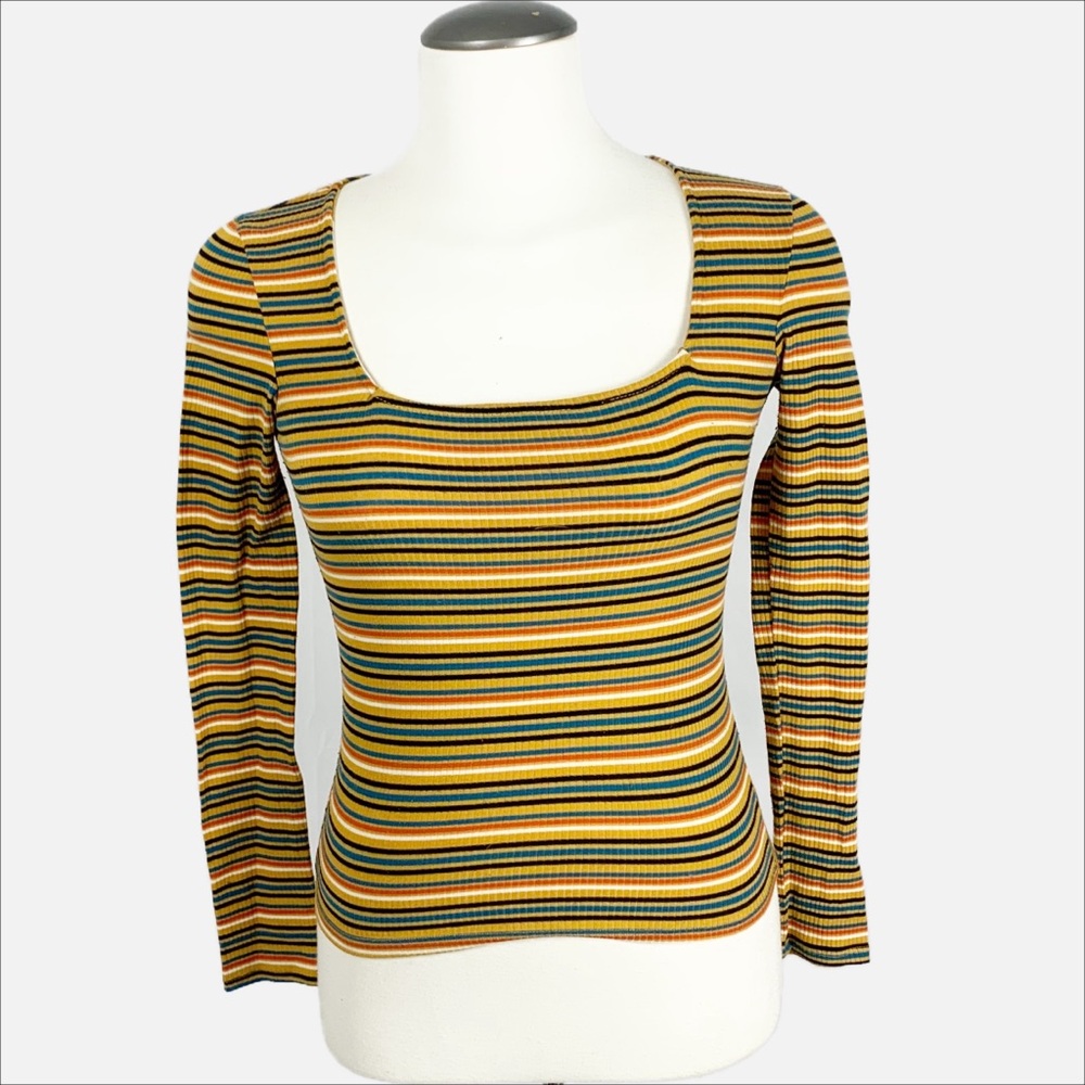 Antistar XS Mustard Multicoloured Striped Ribbed Long Sleeve Square Neck Top 🌈✨
